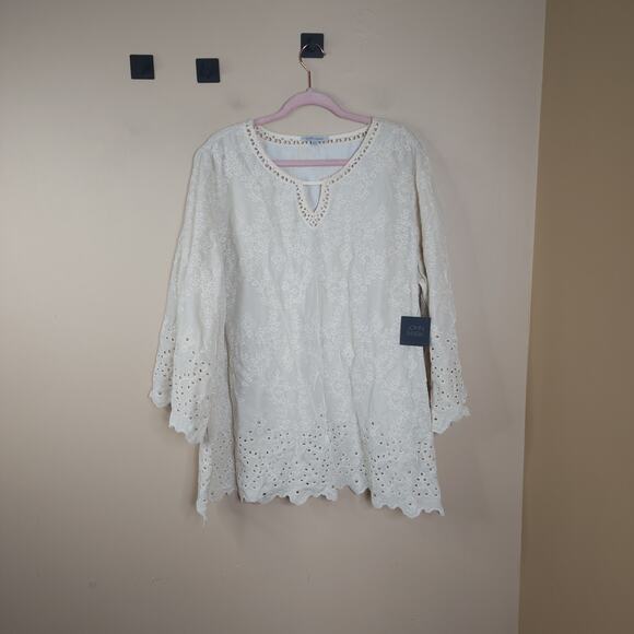 JOHN MARK Artsy Boho Embroidered Long Loose Velvet Eyelet Top Cream Size 2X - Picture 1 of 10